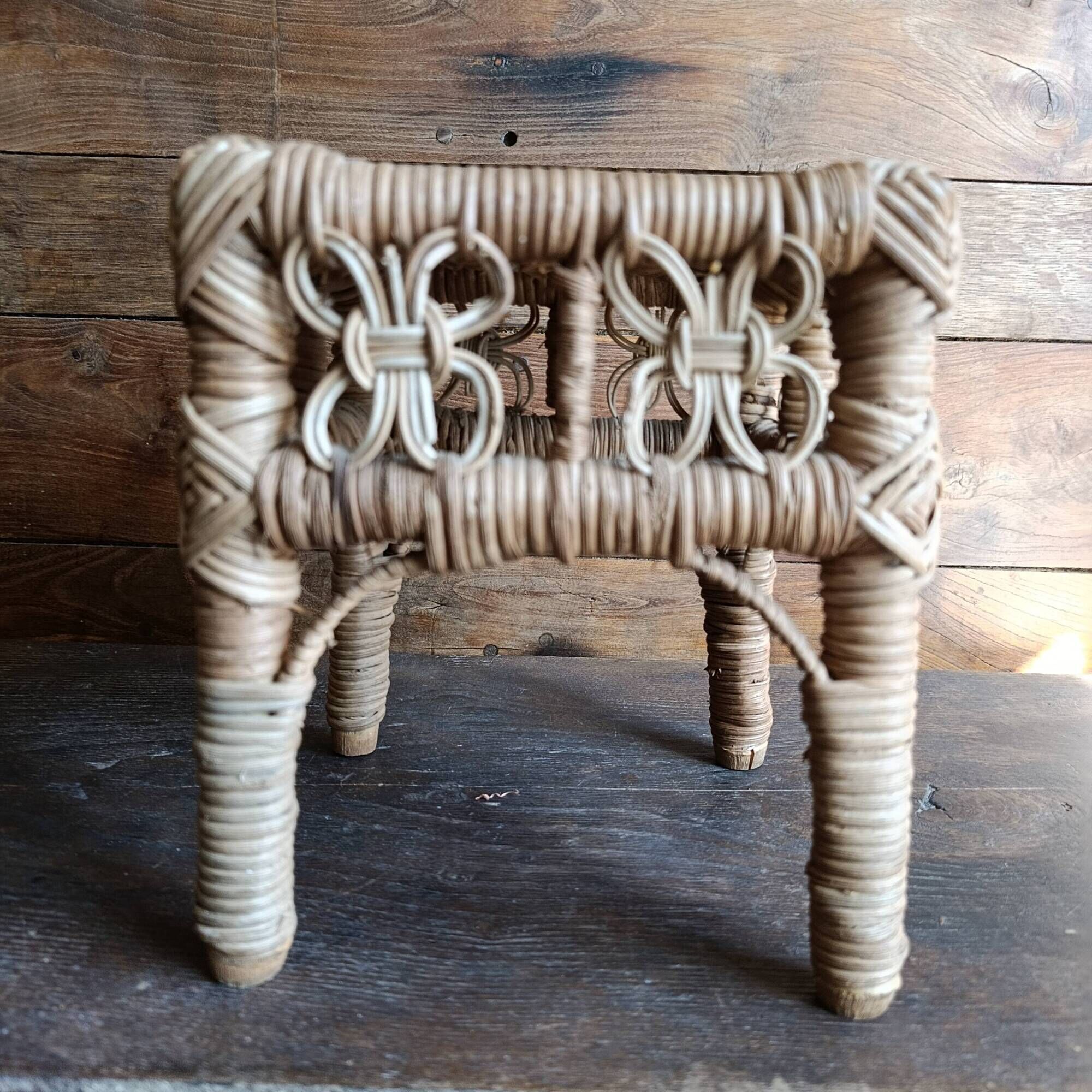 Vintage wicker stool, small woven rattan footstool and rustic plant stand