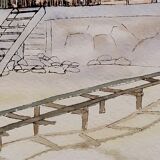 Watercolor lithograph 1980's "Cap-Ferret, 'L'Herbe' le quartier des pêcheurs"