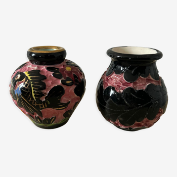 Pink and black polychrome ceramic vases
