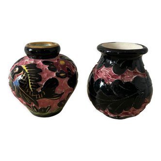 Pink and black polychrome ceramic vases