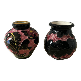 Vases en céramique polychrome rose et noir