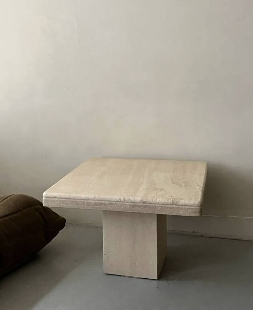 Square coffee table in polished travertine, Italy 1970.
