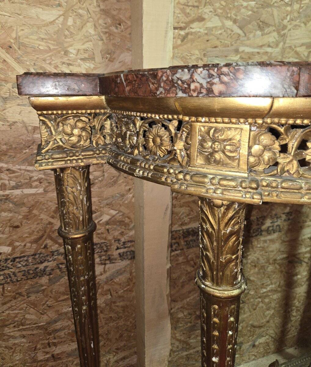 Louis XVI style demi-lune console – carved wood and marble top