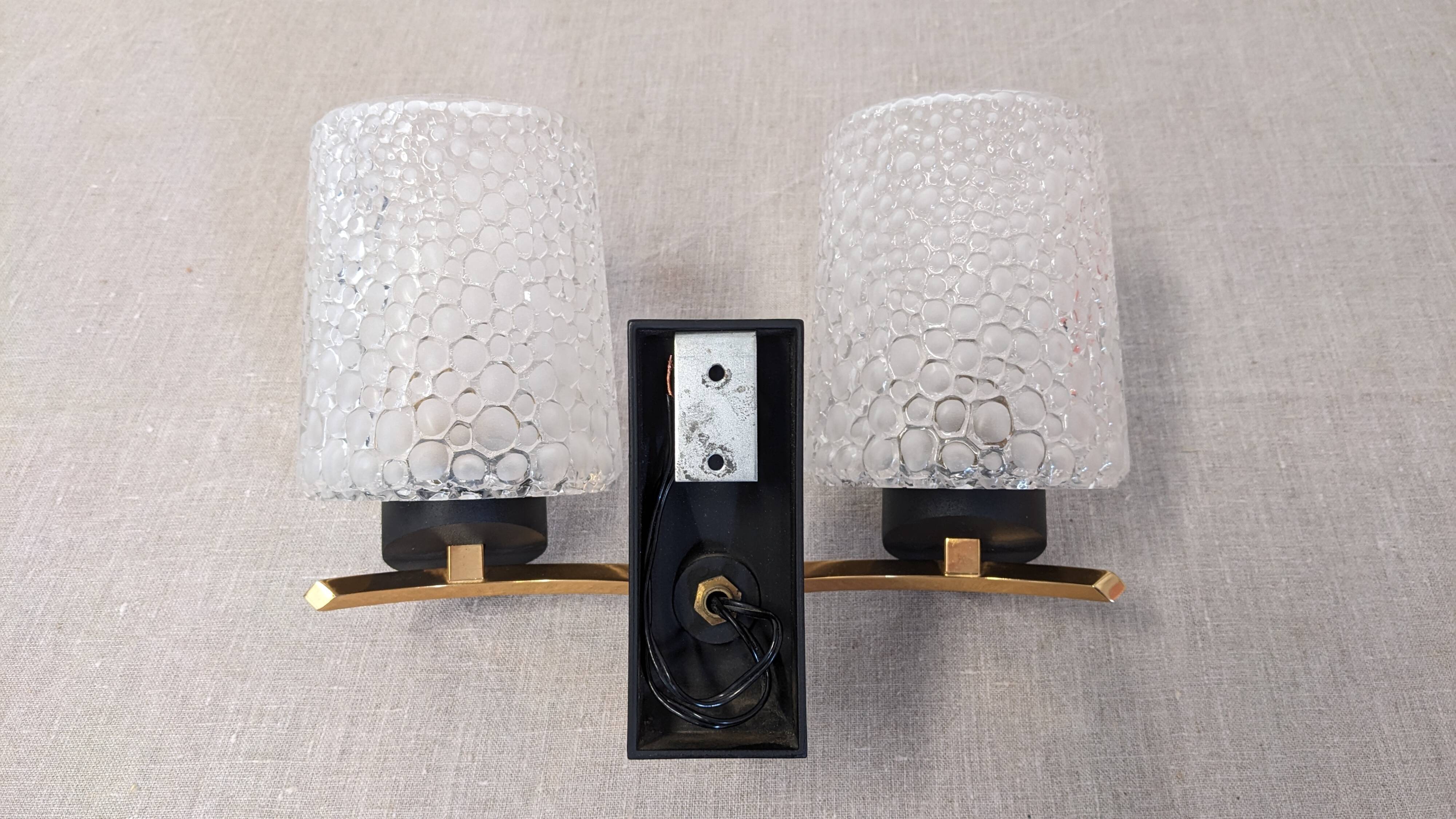 Pair of double wall lights in bubbled glass by Maison Arlus, France circa 1960.