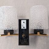 Pair of double wall lights in bubbled glass by Maison Arlus, France circa 1960.