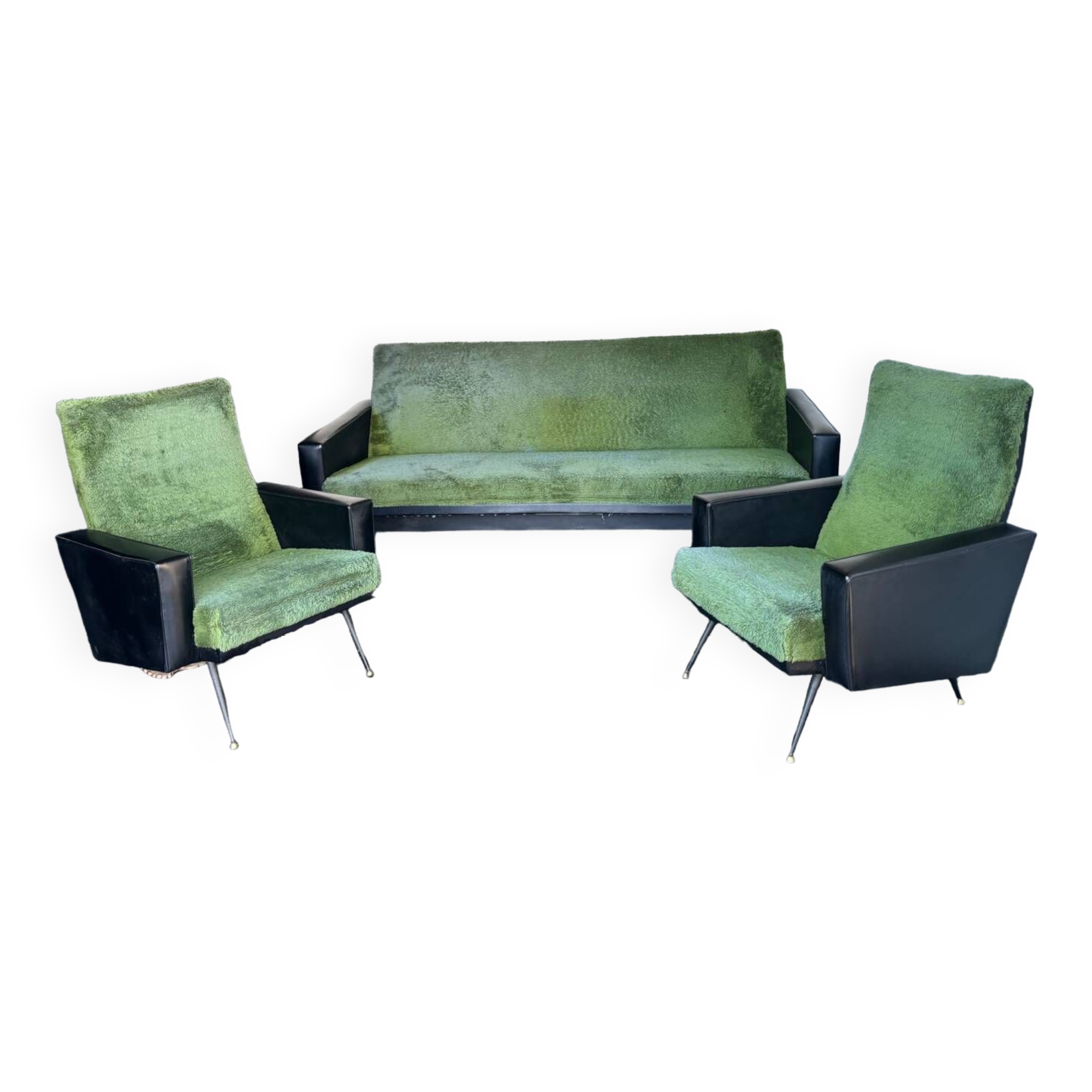 Vintage 70s green moumoute sofa and armchair