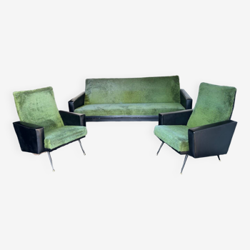 Canape et fauteuil vintage 70s moumoute vert