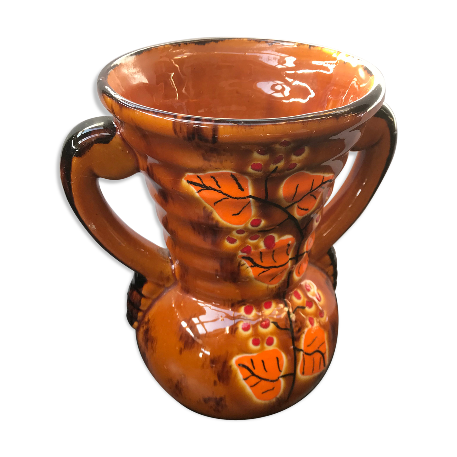 Ancient Vase With Autumn Ceramics Brown - Decor Leaves 70s Vintage
