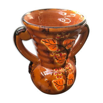 Ancient Vase With Autumn Ceramics Brown - Decor Leaves 70s Vintage