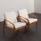 Pair of Kai Kristiansen Paperknife lounge chairs in teak and natural wool