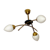 Chandelier 3 fires modernist metal and brass, 3 opalines 60s french design ceiling lamp suspension