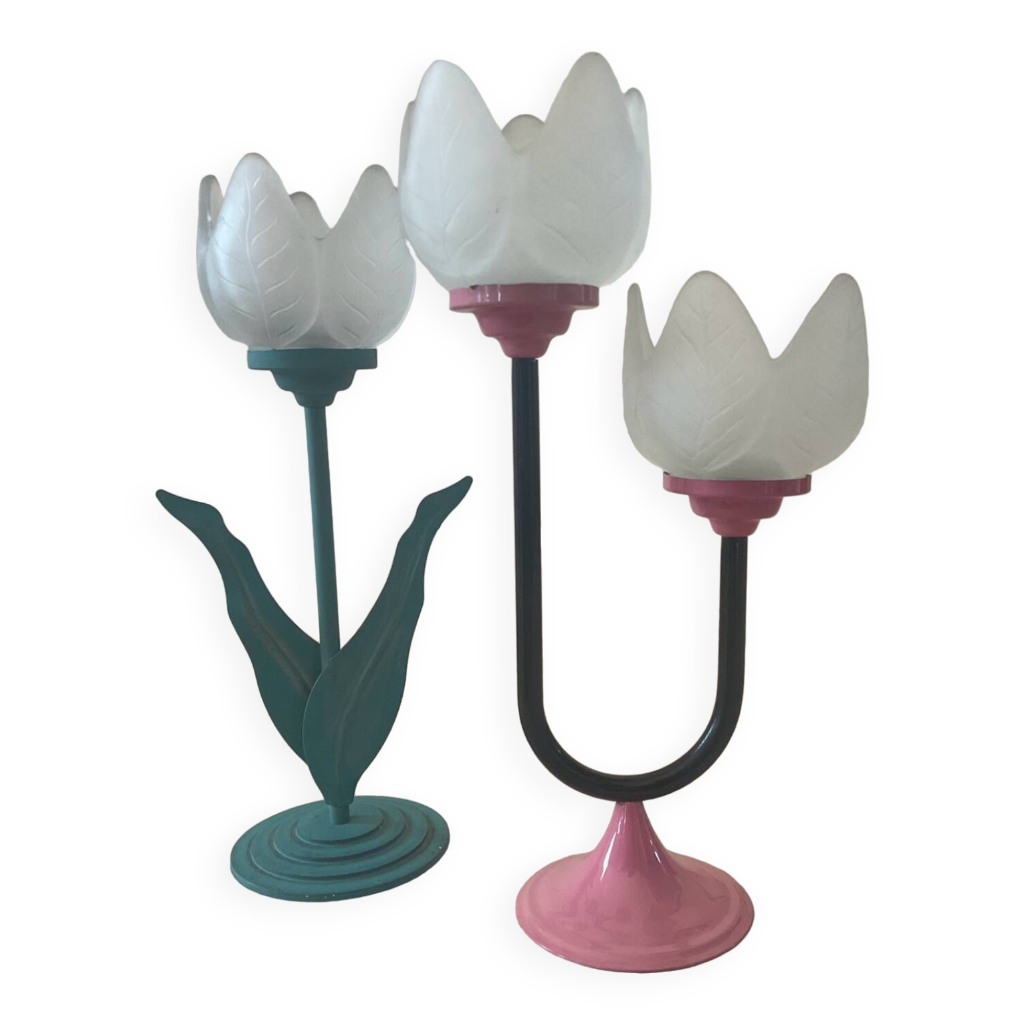 Duo of vintage metal and glass candlesticks