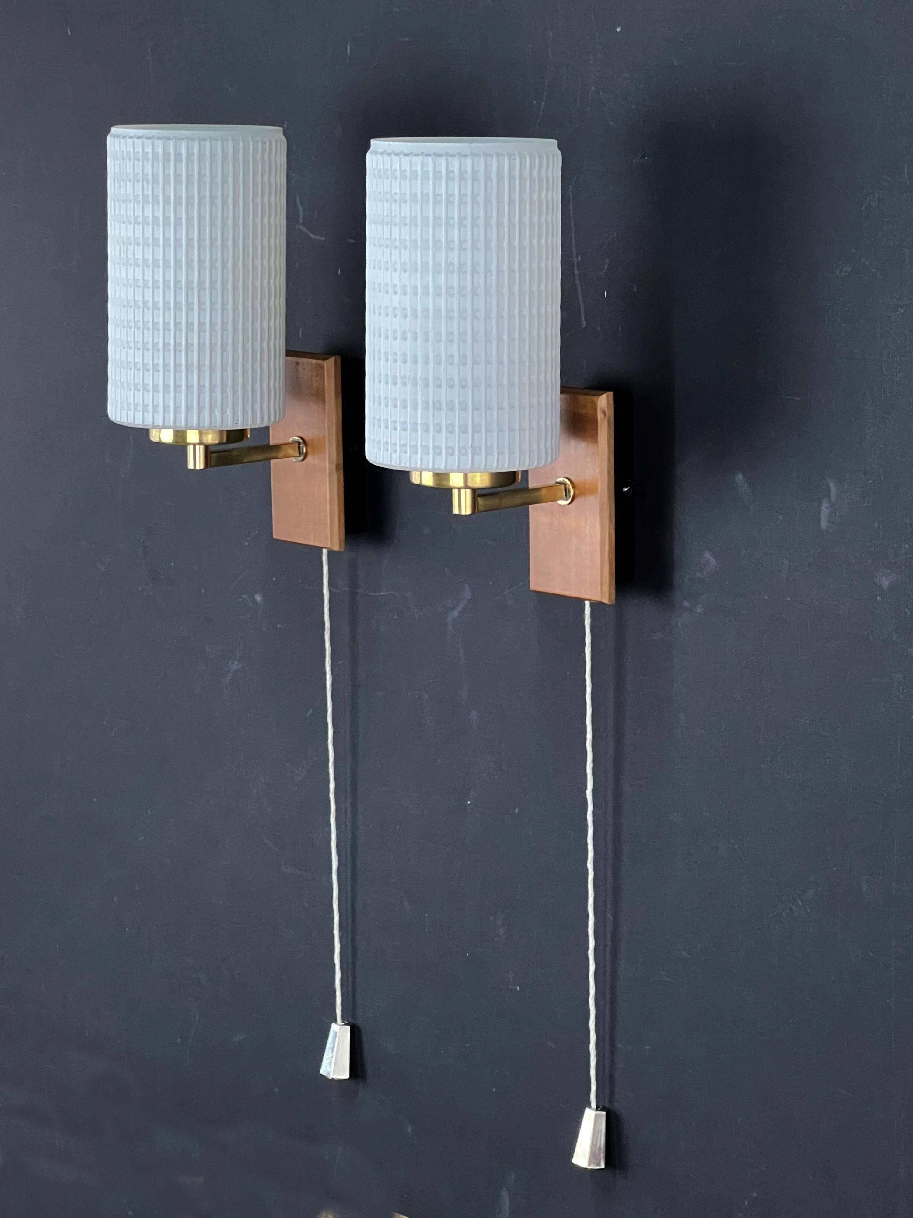 Pair of Scandinavian Wall Lights - Opaline Brass Wood - 50's 60's