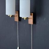 Pair of Scandinavian Wall Lights - Opaline Brass Wood - 50's 60's