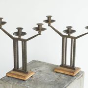 Art Deco pair of candle holders in wrought iron and stone