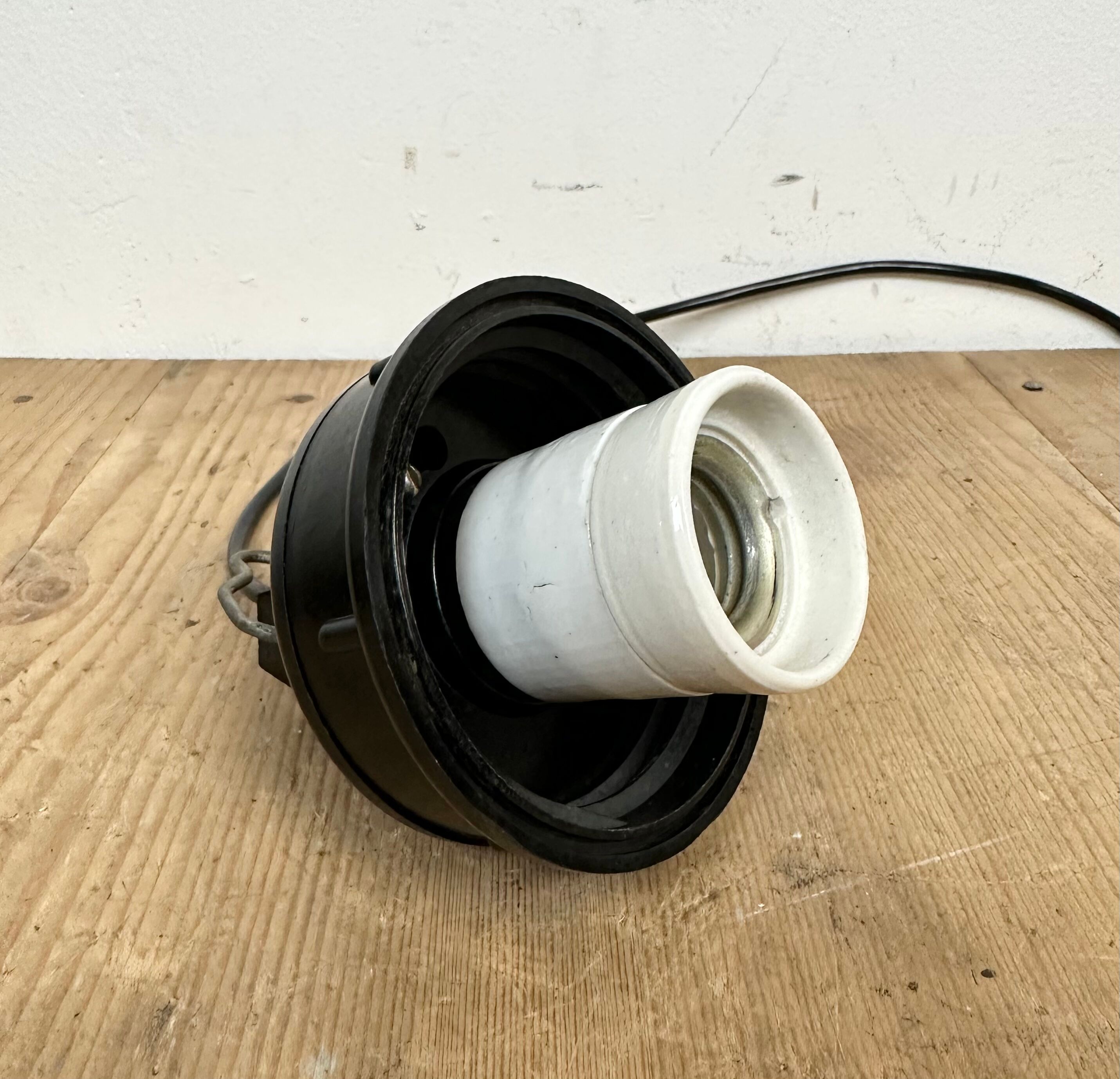 Industrial Bakelite Pendant Light with Ribbed Glass, 1970s
