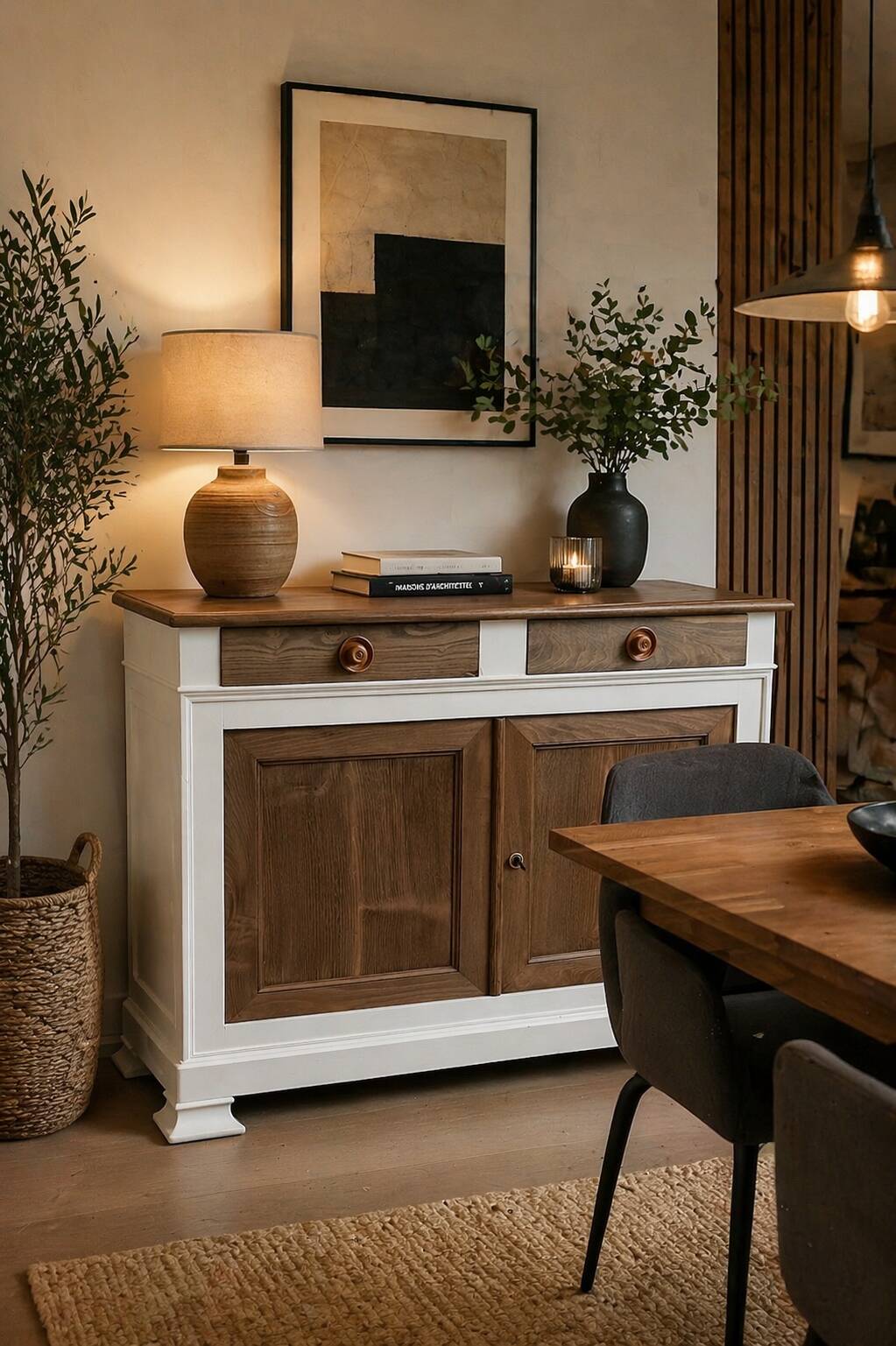 Buffet ancien bois naturel et lin