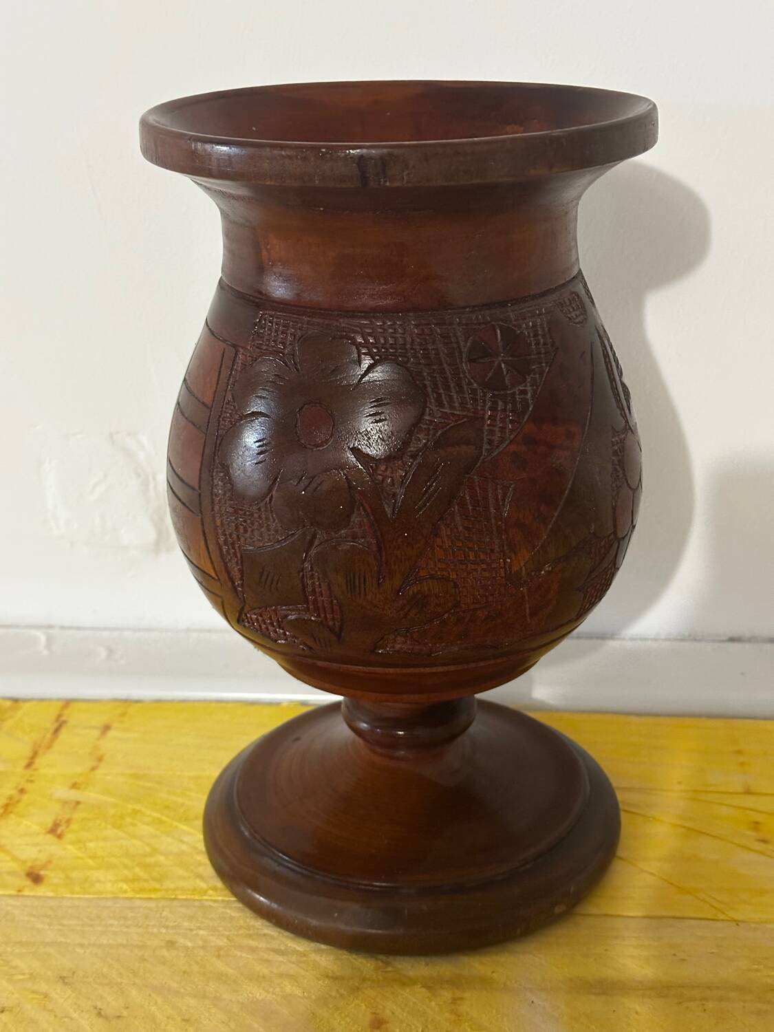 Vintage Turned and Carved Wooden Vase - Vine Decor H 28 cm