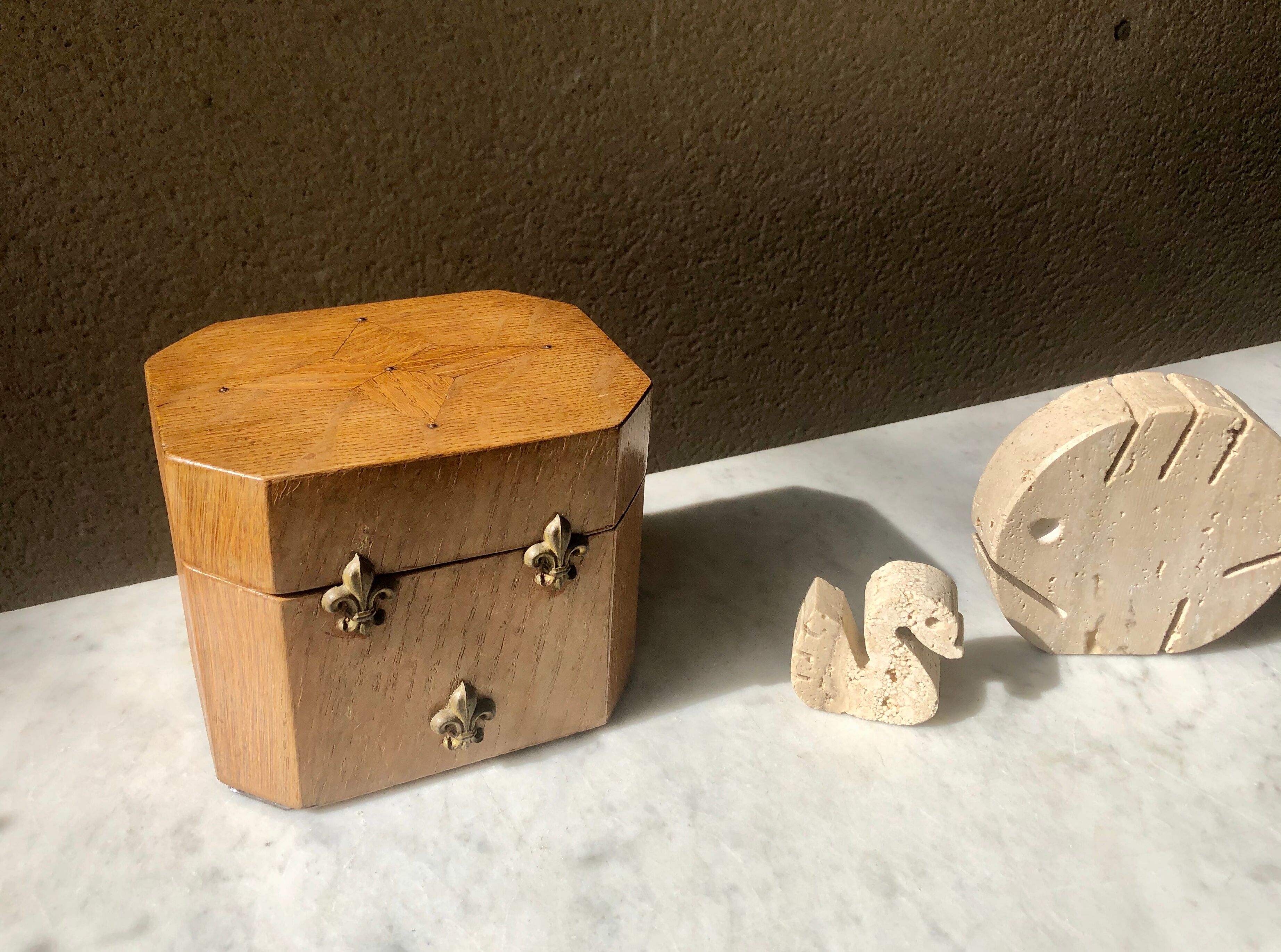 Jewelry box french craft work vintage 60 oak blond lily flower