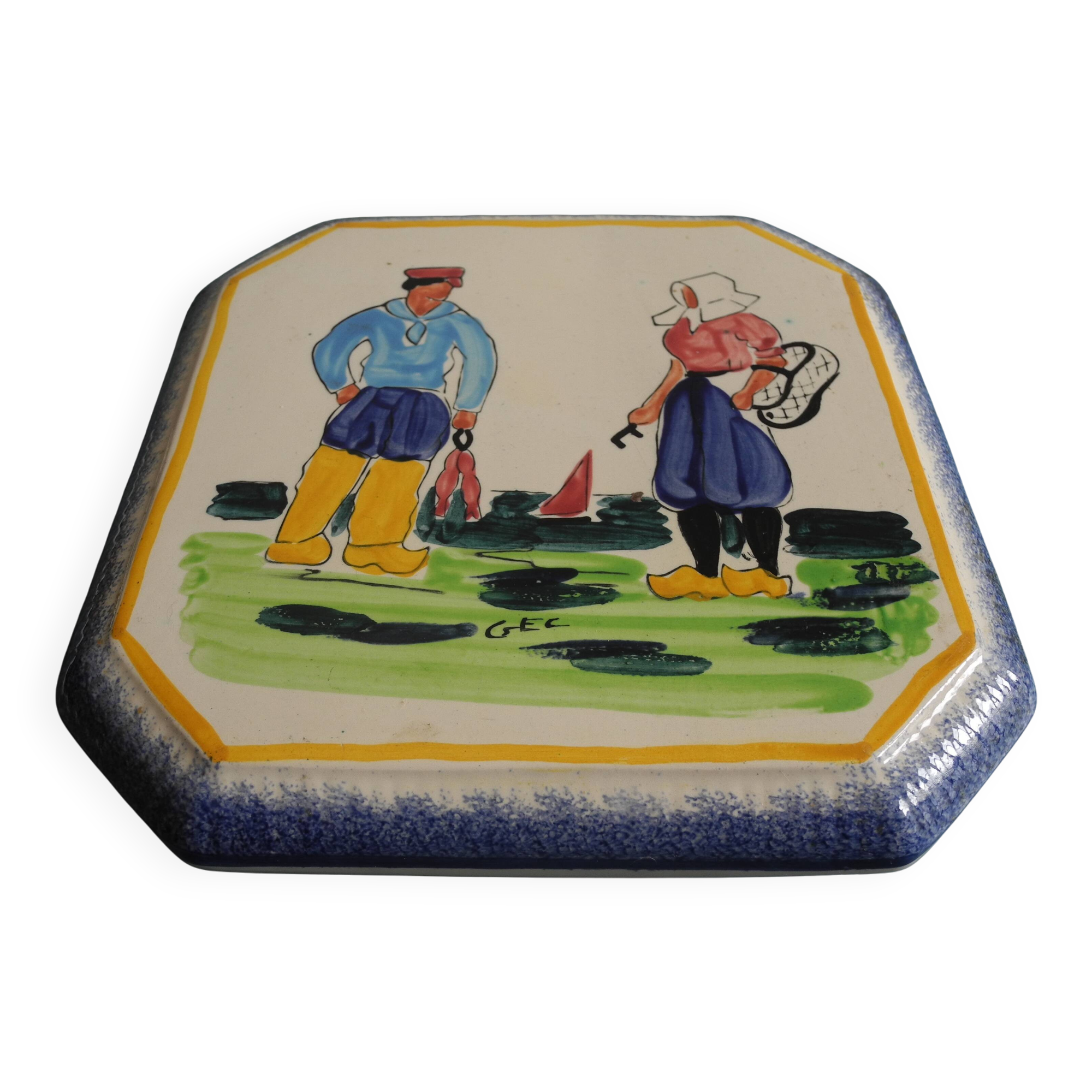 antique earthenware trivet from Pornic La Rochelle, vintage table trivet