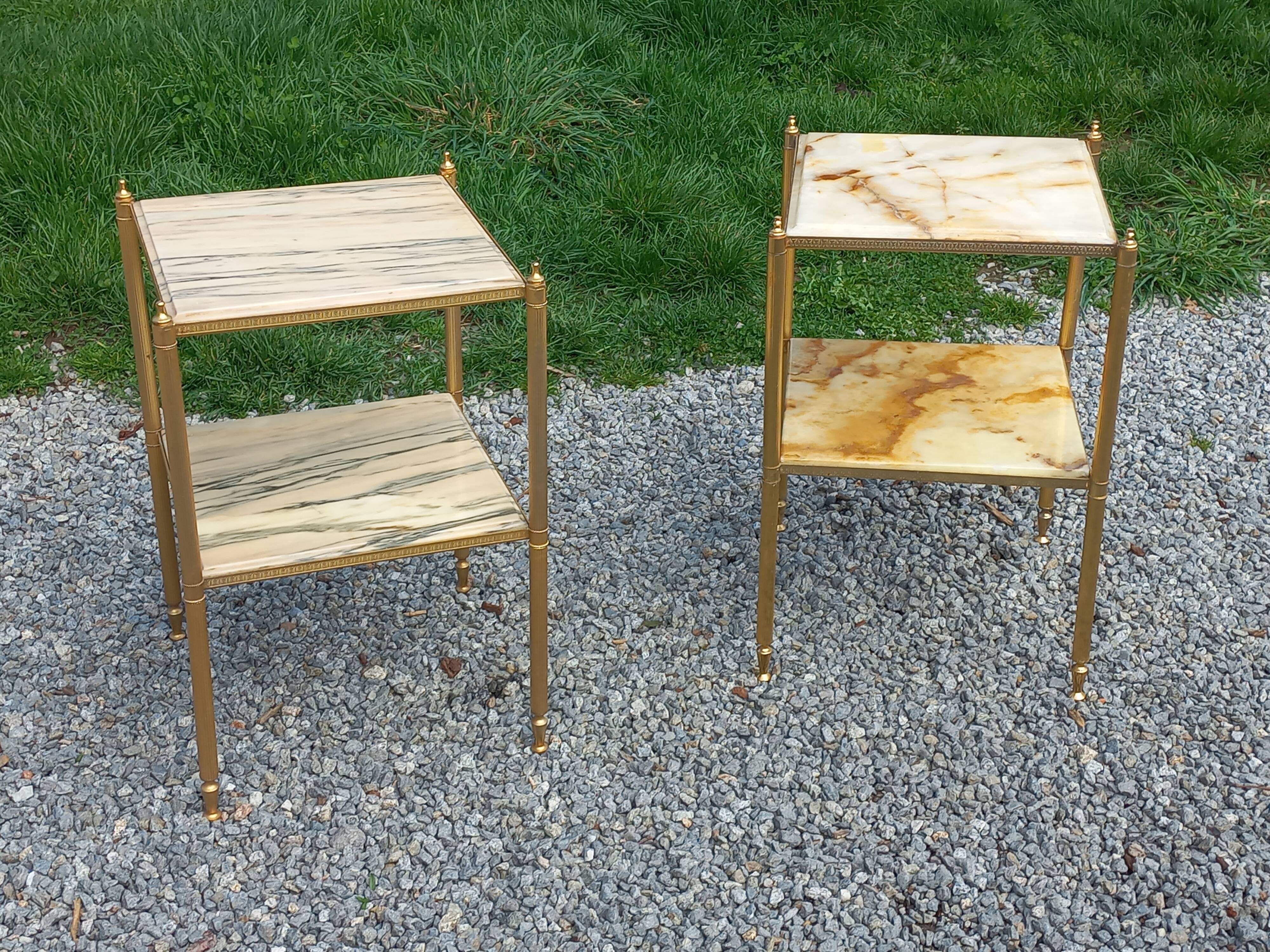 Pair of neoclassical side tables in bronze, brass, marble, and o.