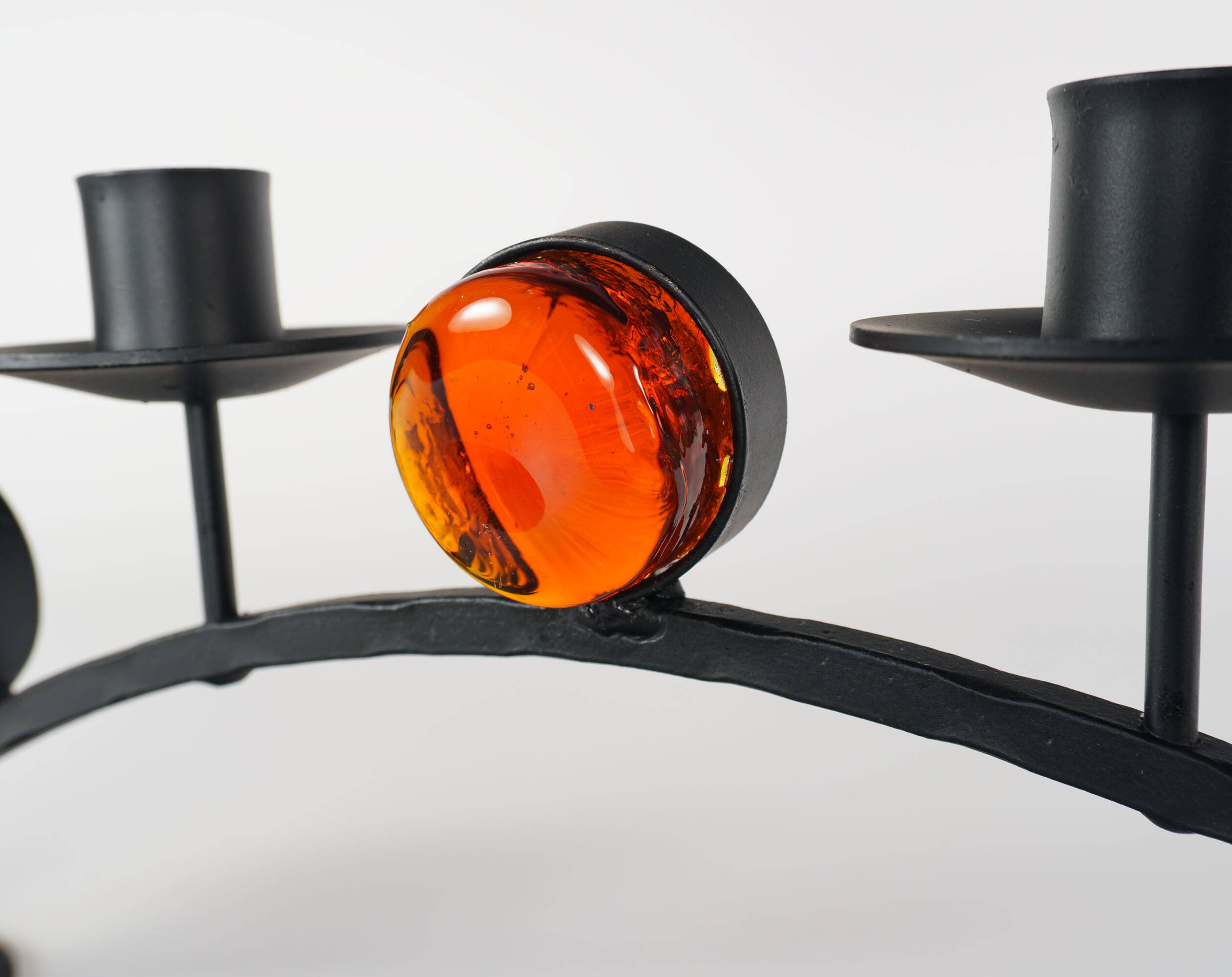 1970s Swedish Wrought Iron Candlestick with Orange Lindshammar Glass