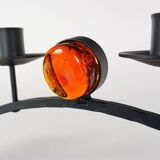 1970s Swedish Wrought Iron Candlestick with Orange Lindshammar Glass