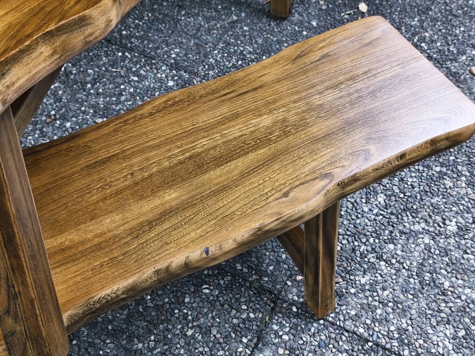 Pair of brutalist benches in solid blond elm by Aranjou, France, 1970s