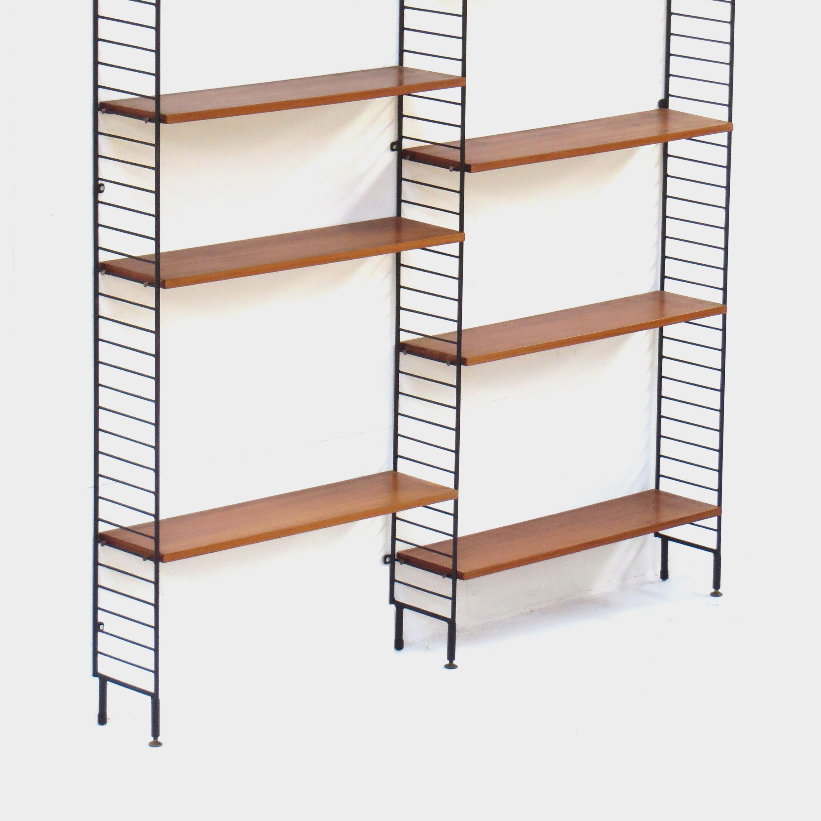 Mid century Wall Unit Shelving System in teak with black metal bookshelf supports