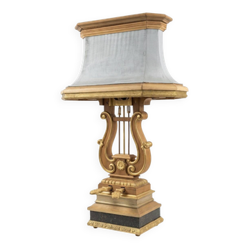 Monumental lyre lamp in oak and zinc (unique piece) 120cm in height.