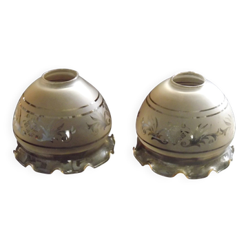 Ensemble de 2 abat-jours en verre ambre vintage à motif avec bord festonné