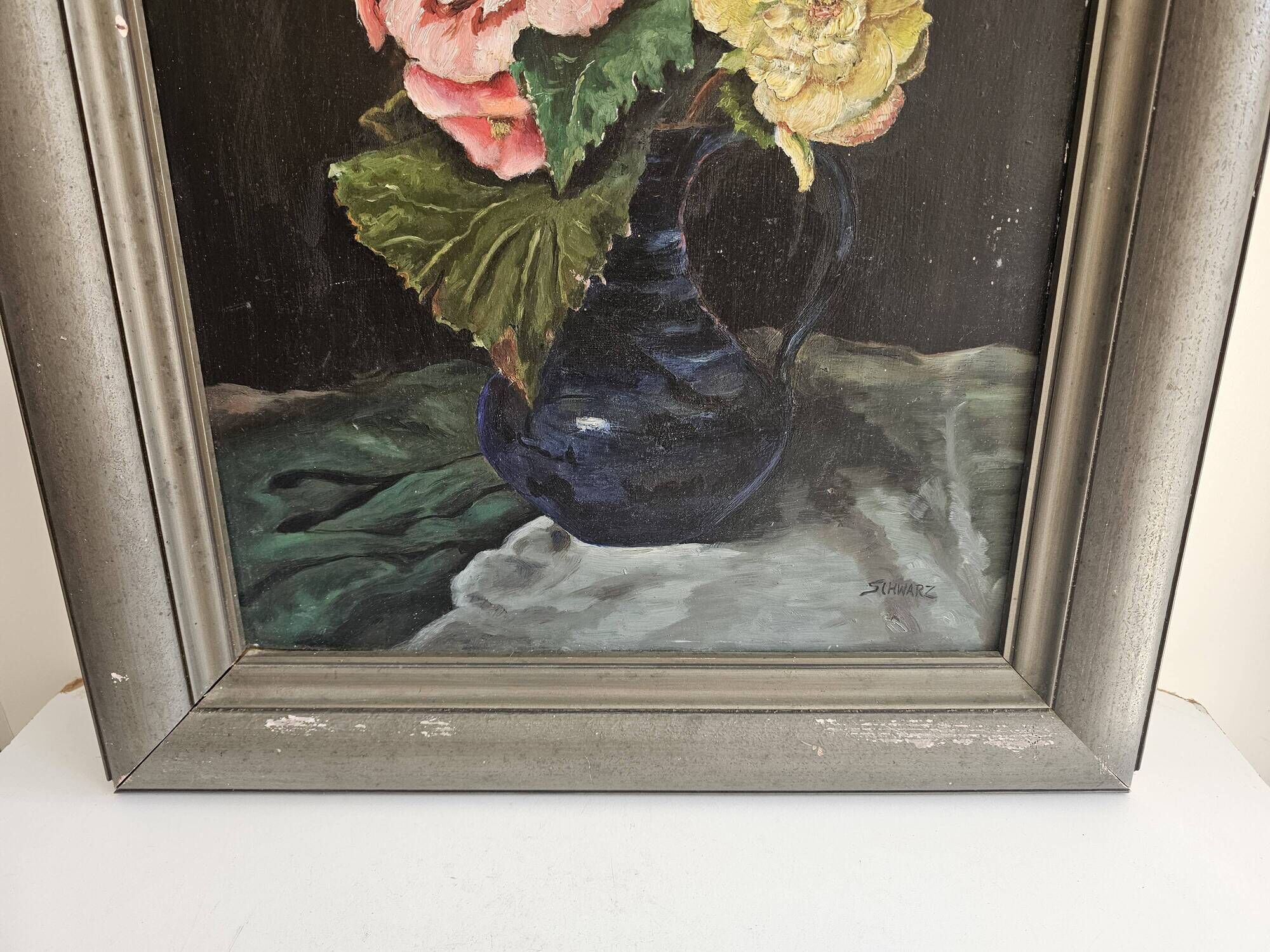 Tableau Huile sur Panneau Nature morte - bouquet de Roses Signé Schwarz