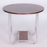 Petite table ronde en chêne Bauhaus restaurée, acier chromé, Tchéquie, années 1930