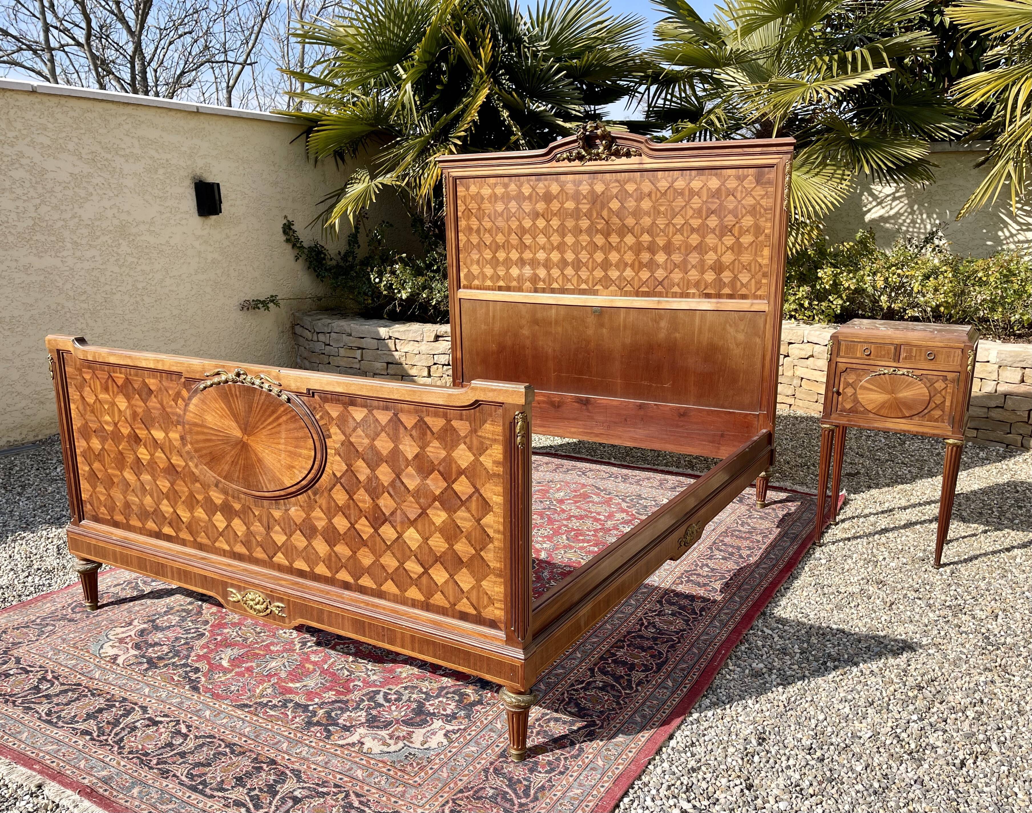 Louis XVI style marquetry & bronze bed and bedside table