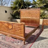 Louis XVI style marquetry & bronze bed and bedside table