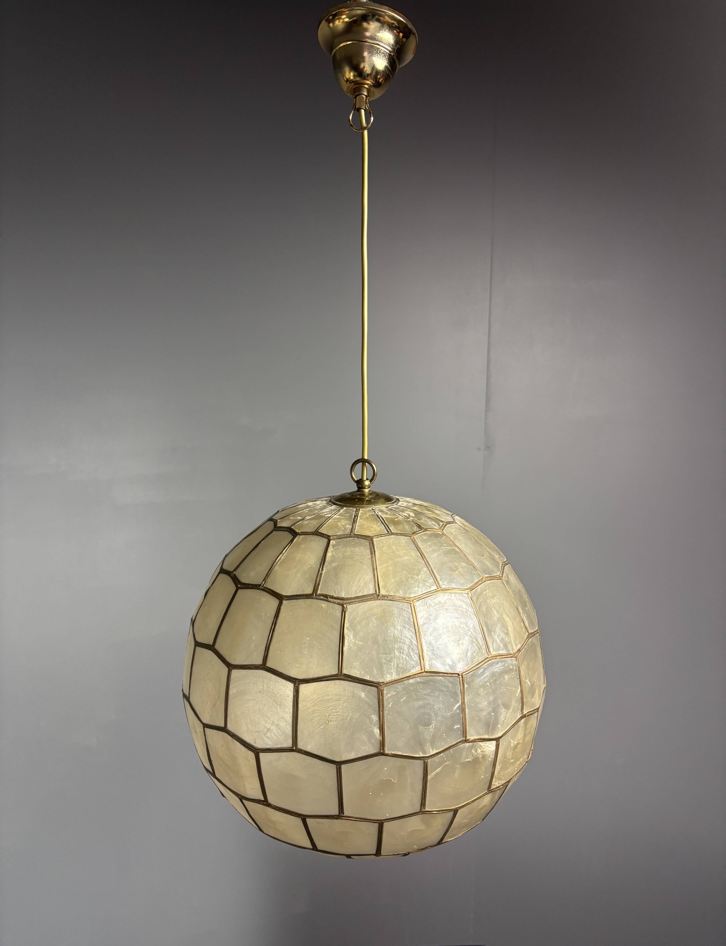 Midcentury mother of pearl Capiz shell & brass sphere large pendant, 1960s