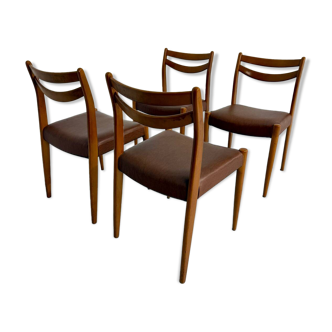 Set of 4 Scandinavian chairs in wood and brown leatherette, vintage design from the 70s