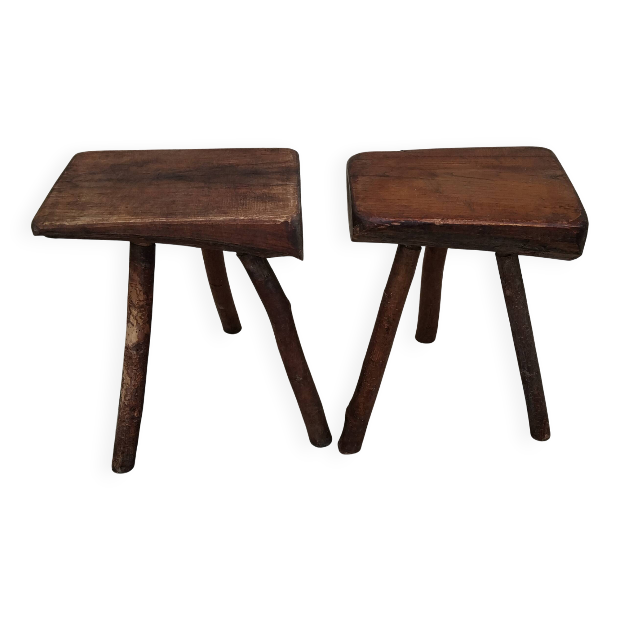 Pair of tripod stools, vintage brutalist style, solid wood