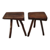 Pair of tripod stools, vintage brutalist style, solid wood