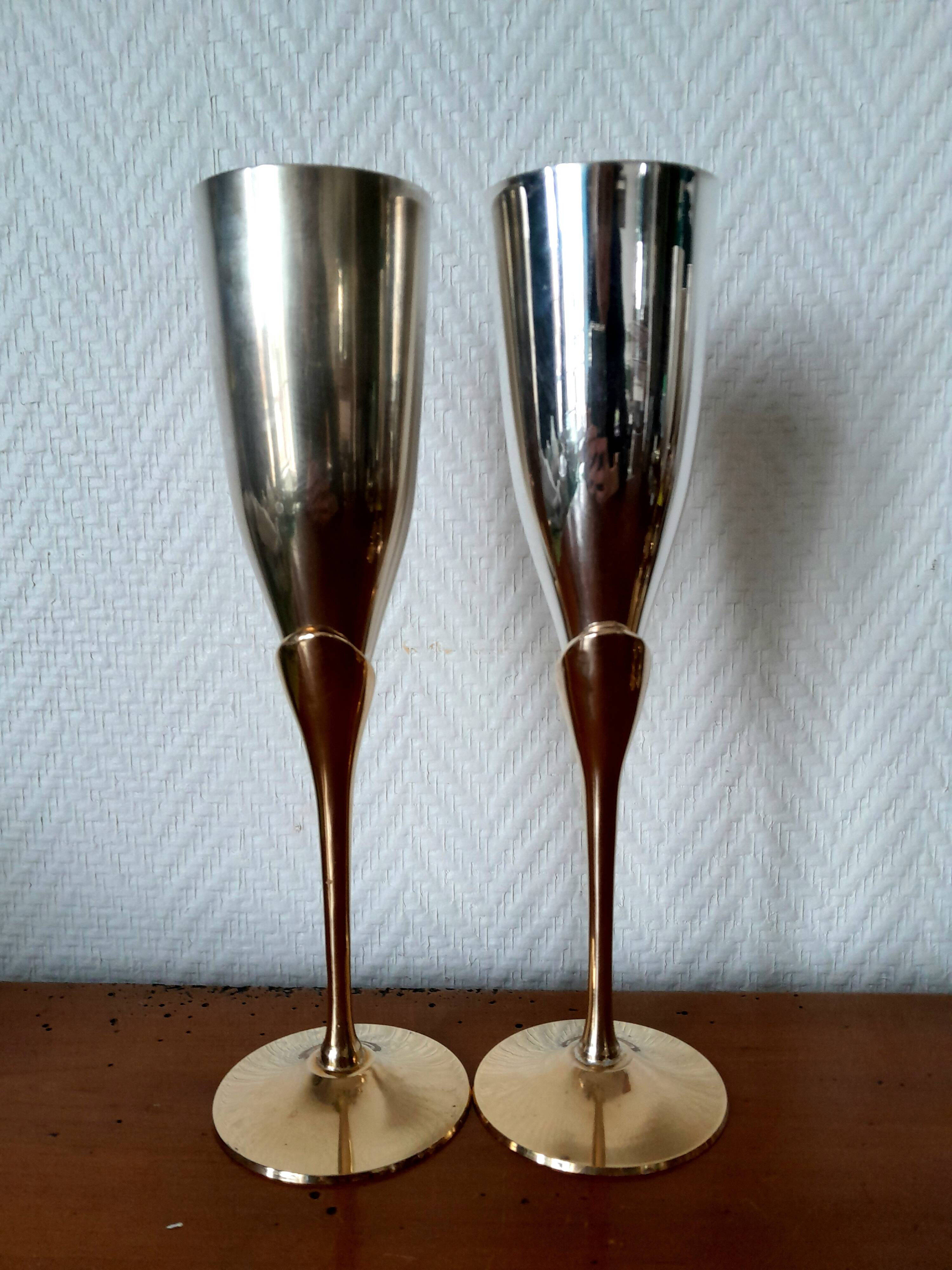 6 champagne flutes in brass and silver plated metal 1970
