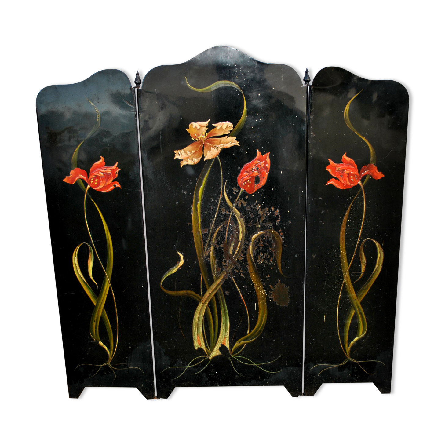Art nouveau firewall in black enamelled sheet metal - decoration of painted tulips screen 1900
