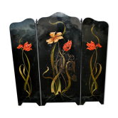 Art nouveau firewall in black enamelled sheet metal - decoration of painted tulips screen 1900