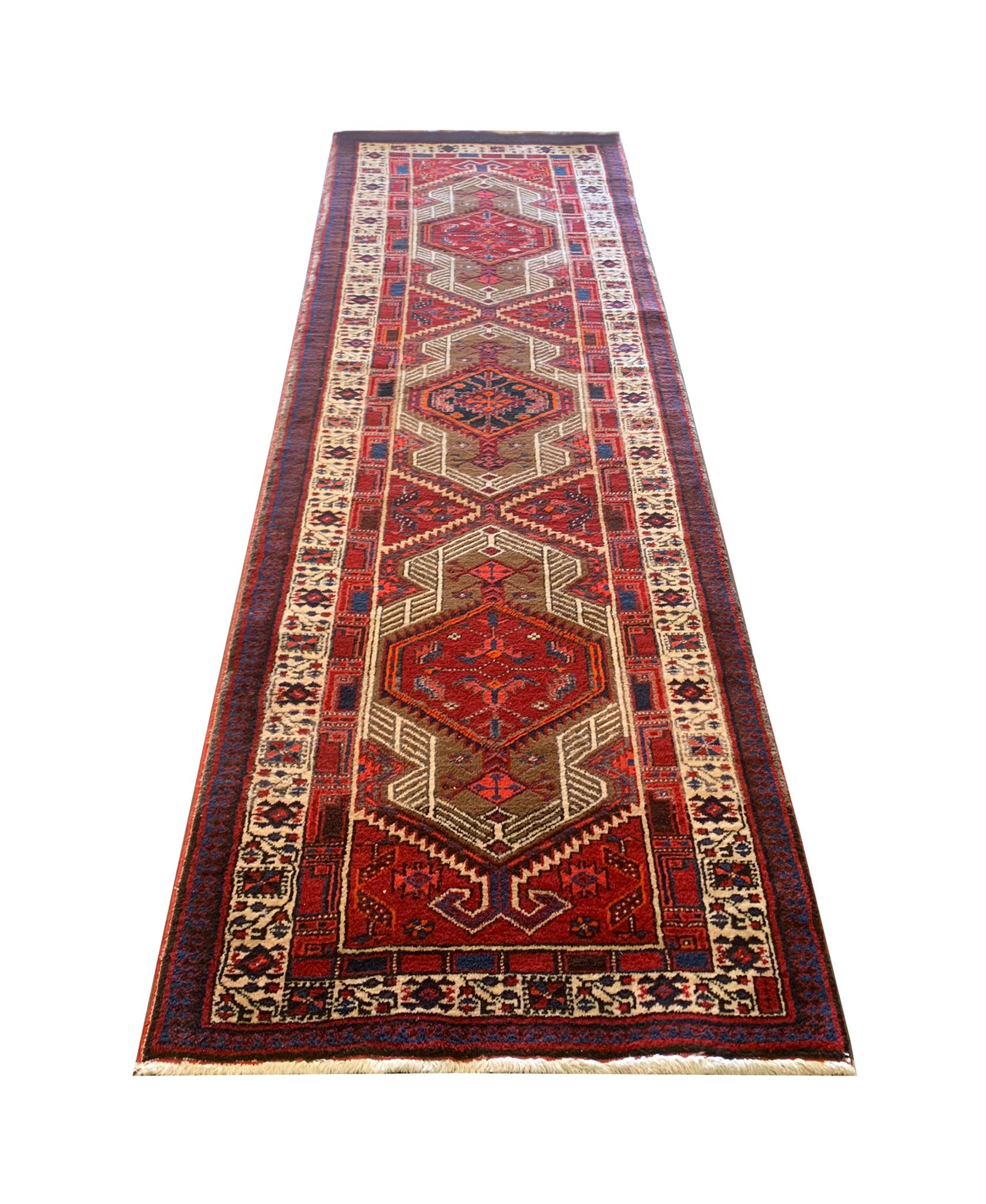 Red vintage persian hamedan rug 1930 handwoven tribal runner 99x337cm