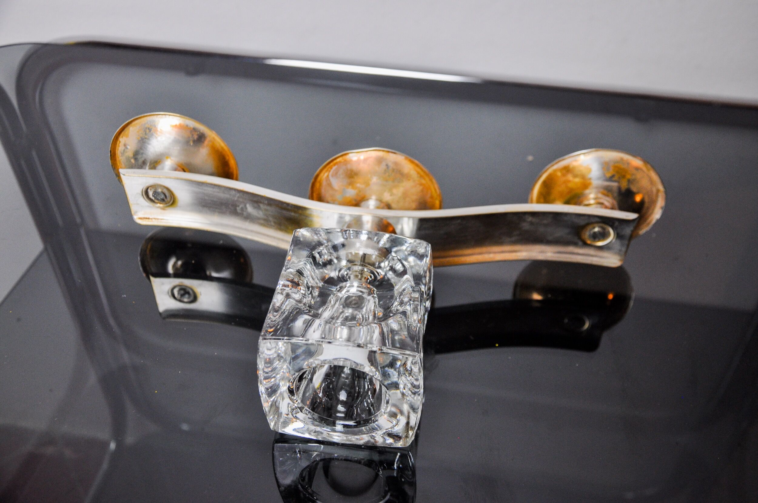 Ice cube candle holder by Peill & Putzler, 3 flames, glass and silver-plated metal, Germany, 1970