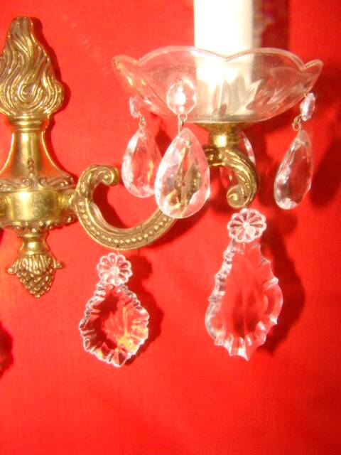 pair of bronze and crystal wall lights with 2 arms