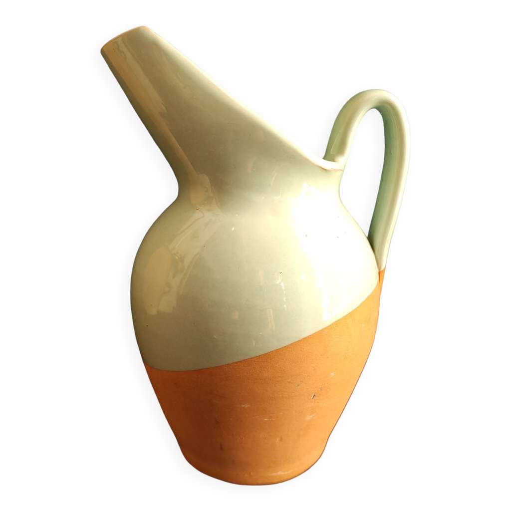 Grande cruche ancienne en terre cuite française, émaillée vert clair ...