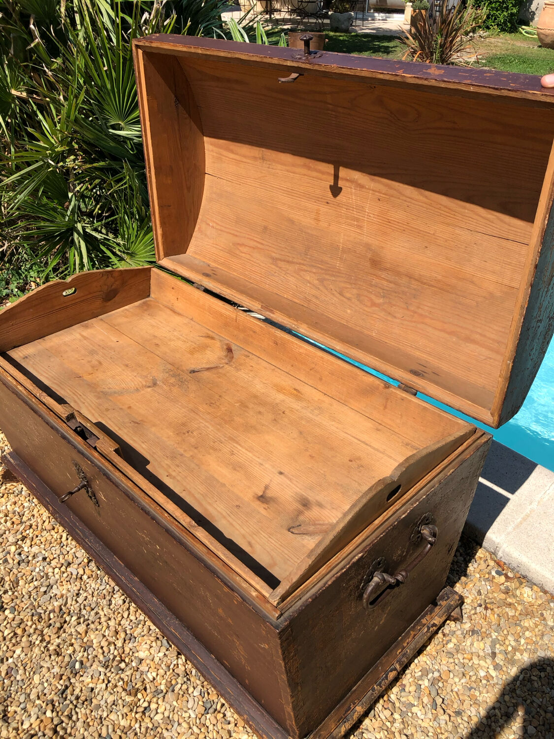 19th-century curved antique wooden chest