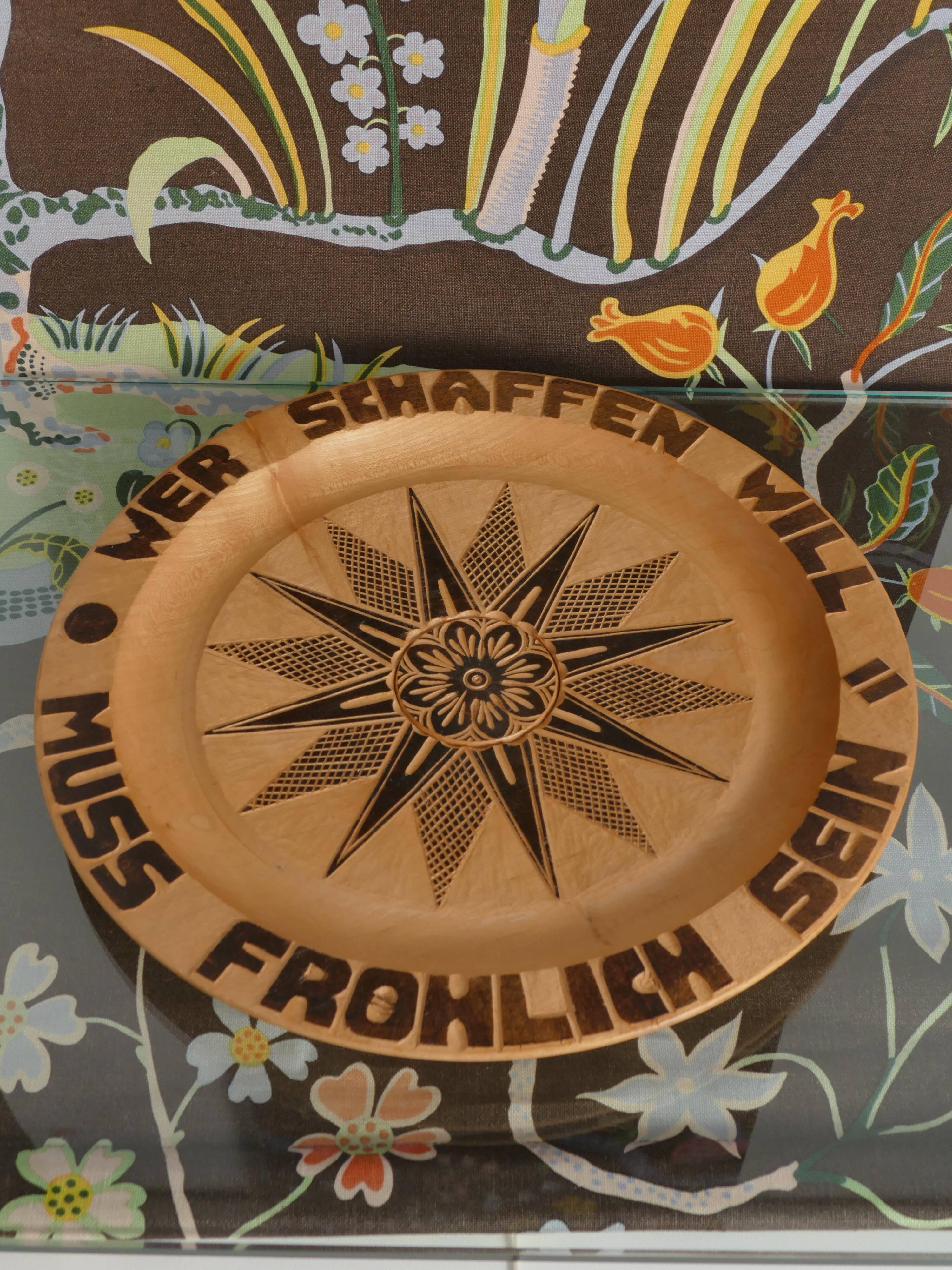 Decorative Hand-carved Wooden Plate with Pyrography, Germany 1960s