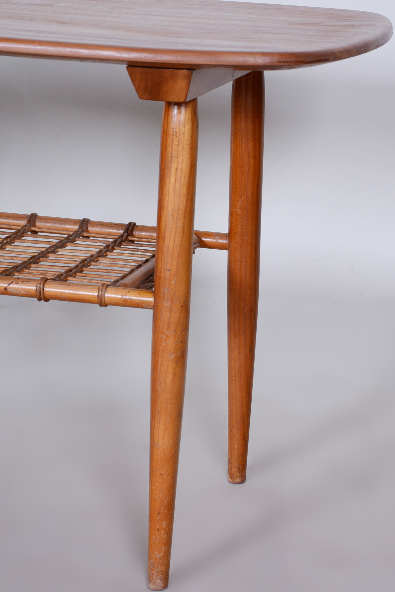 Restored Mid-Century Style Coffee Table, Cherry-Tree, Rattan, 1950s, Czechia