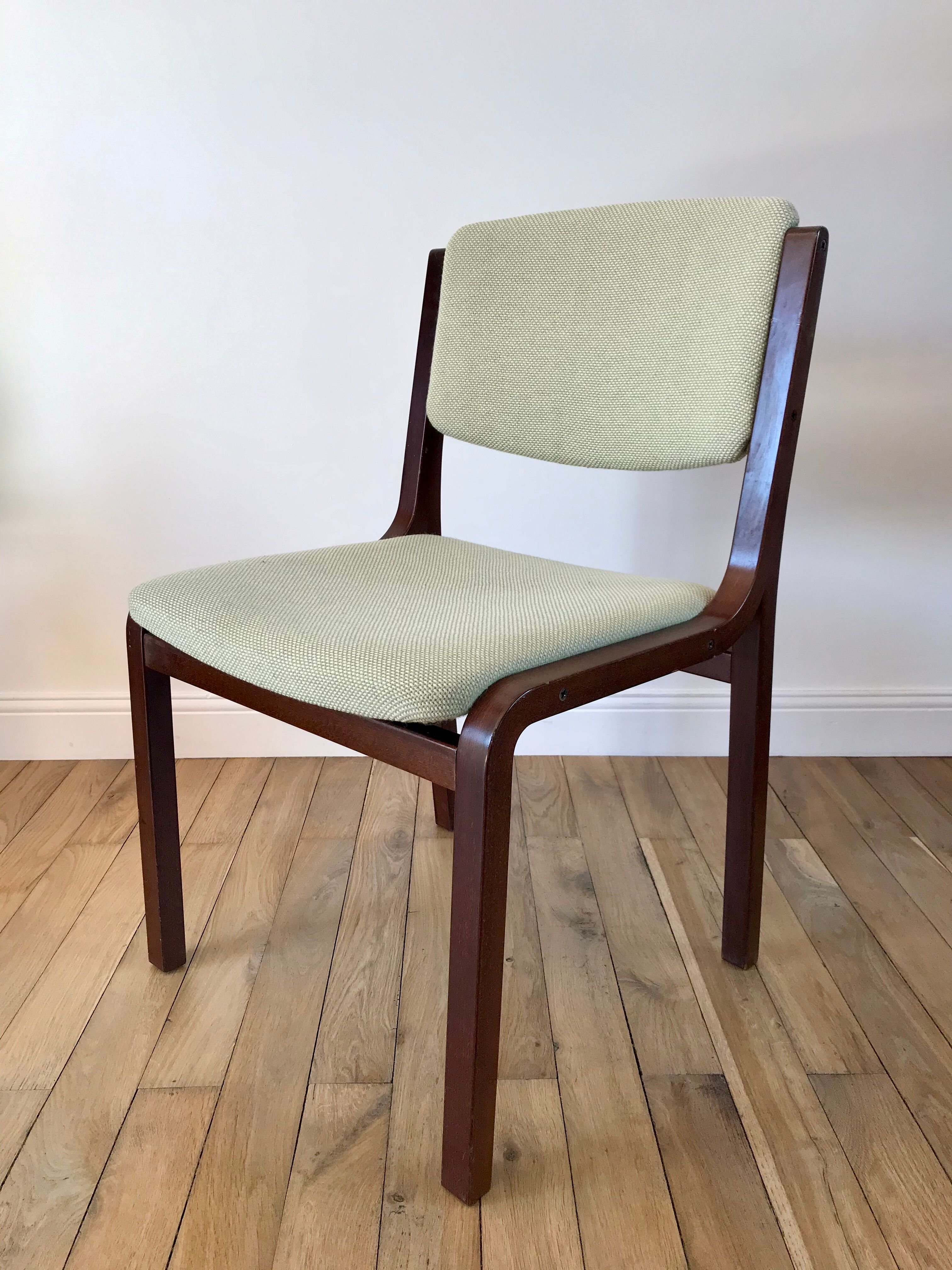 Pair of wooden armchairs and green and ecru fabrics 70s
